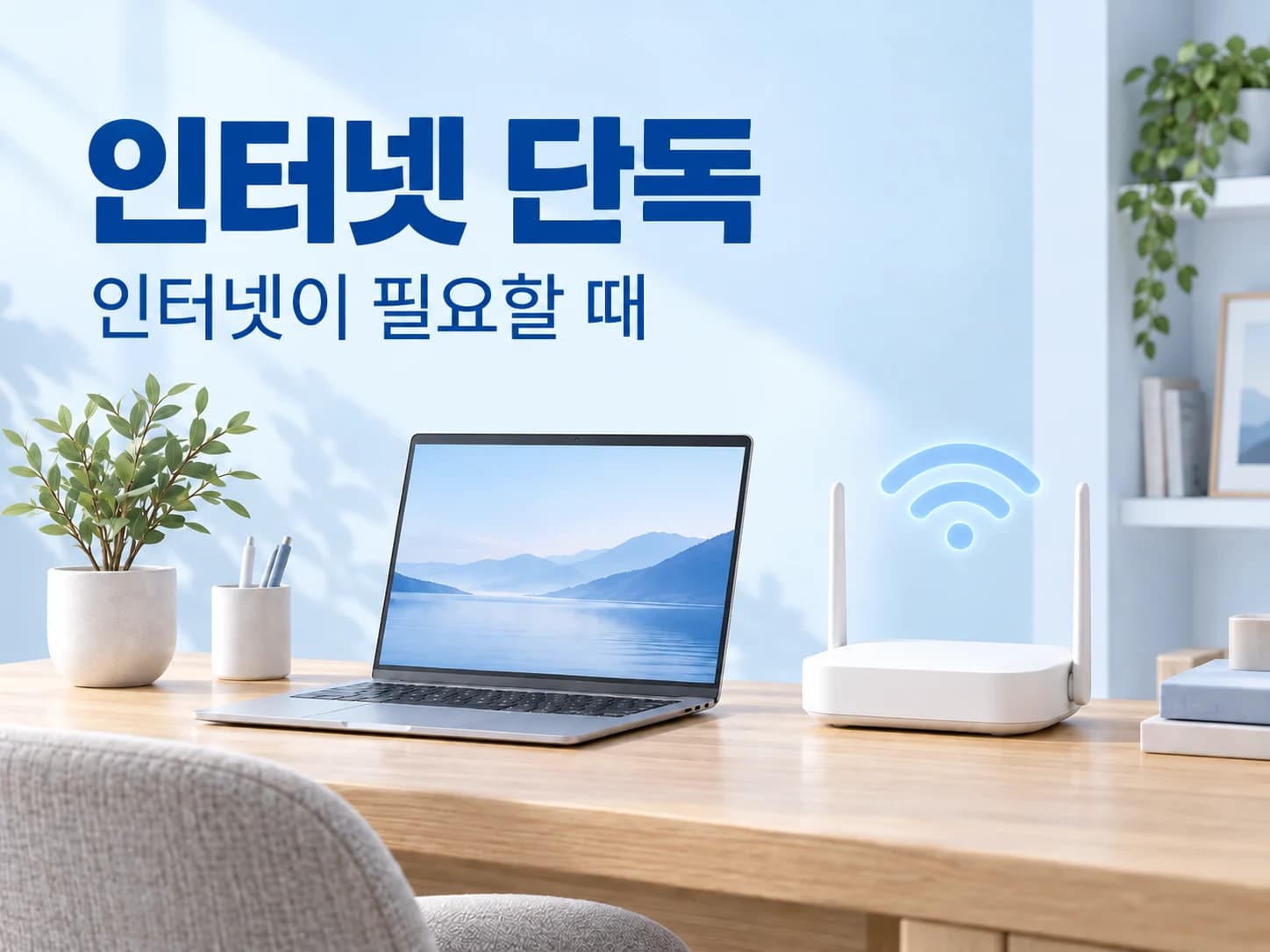 인터넷 단독. 인터넷이 필요할 때. 노트북과 공유기가 있는 홈오피스 이미지.
